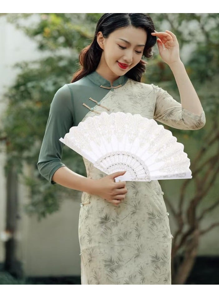Xiyart Foldable Chinese Hand Fan, Single Piece, Large with Chinese Style, for Festivals and Weddings, Gold, Plastic, White. - Image 1